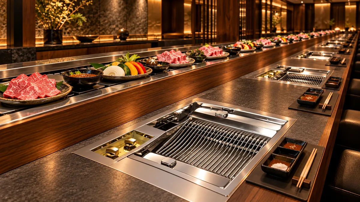 回転レーンで食材を提供する簡易オペレーション店舗のイメージ（AI生成）